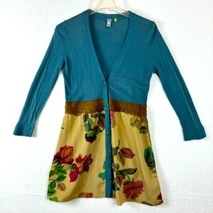 Anthropologie Knitted & Knotted Floral Cardigan with Teal and Multicolor Design